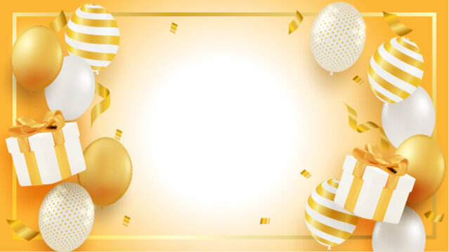Elegant golden party banner with floating balloons and gift box decorations, vector illustration for greeting card. vector.