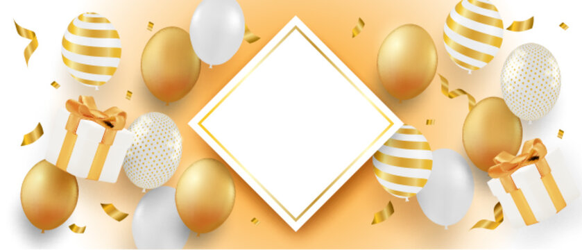 Elegant golden party banner with floating balloons and gift box decorations, vector illustration for greeting card. vector.
