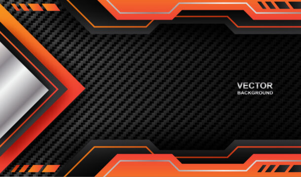 Modern E-sport gaming background with orange and black carbon fiber texture, futuristic metallic geometric design. vector.