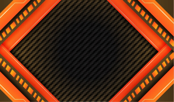 Modern E-sport gaming background with orange and black carbon fiber texture, futuristic metallic geometric design. vector.