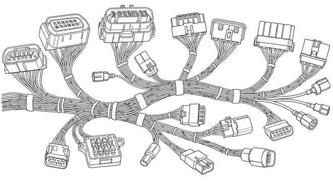 Complex electrical wiring harness with multiple automotive connectors and terminals in a detailed line art diagram