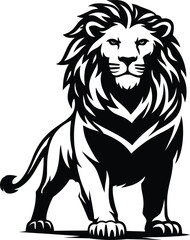 Fototapeta premium Powerful front facing lion vector logo in bold black and white style. Strong full body animal emblem suitable for corporate branding, sports teams, security companies and premium identity projects.