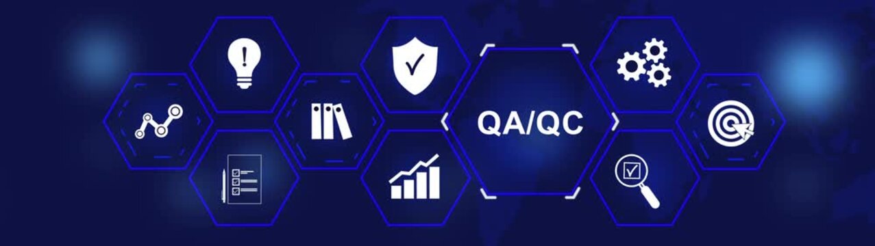 Quality Assurance (QA) and Quality Control business and industrial technology concept. QA/QC, Modern Business, Technology, Internet and social media icons 4K animation background.