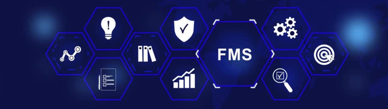 Financial management system business and industrial technology concept. FMS, Modern Business, Technology, Internet and social media icons 4K animation background.