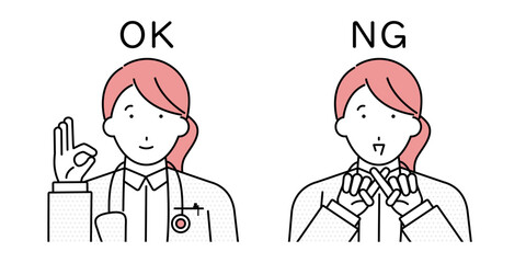ジェスチャーでまるとばつをつくる女性医師のイラスト