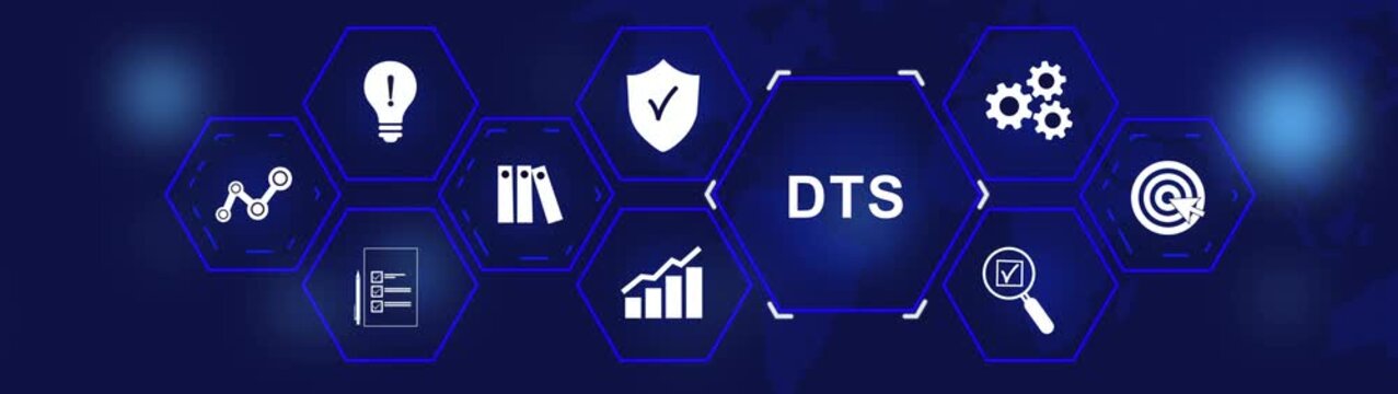 Data trace system business and industrial technology concept. DTS, Modern Business, Technology, Internet and social media icons 4K animation background.
