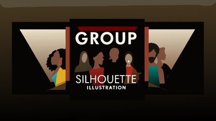 Diverse group of people silhouette illustration framed in a modern setting with triangular backgrounds