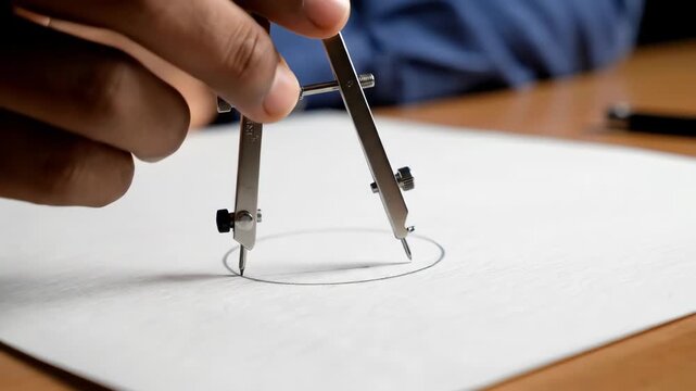 Person using metal drawing compass to create a circle on white paper