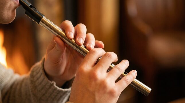 Musician playing a traditional tin whistle with focused passion for a St. Patrick's Day celebration against a warm blurred background
