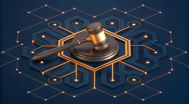 Judicial gavel on digital network platform, metallic gavel on hexagonal circuit board with glowing connections, legal technology concept