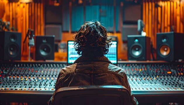 Rear view of person in recording studio mixing console under orange lights for music production.