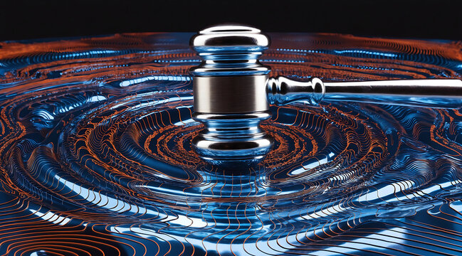 Polished metal gavel on rippling blue liquid with orange contour lines, dramatic studio lighting and reflective surface creating dynamic motion