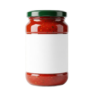 A jar of red tomato sauce with a green lid on a white background isolated on transparent background