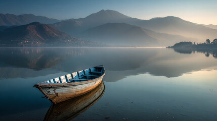 Morning tranquility by the serene lake with a lone boat floating amidst the stunning mountain backdrop