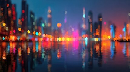 Obraz premium Cyberpunk city lights abstract blur, blue and pink neon bokeh, night time, futuristic mood, out of focus background 