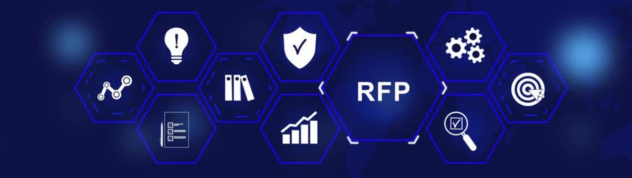 RFP Request for proposal concept for business suppliers and vendors with budget icons. Procurement Process, Corporate Tender Management, Digital Business Strategy Interface.