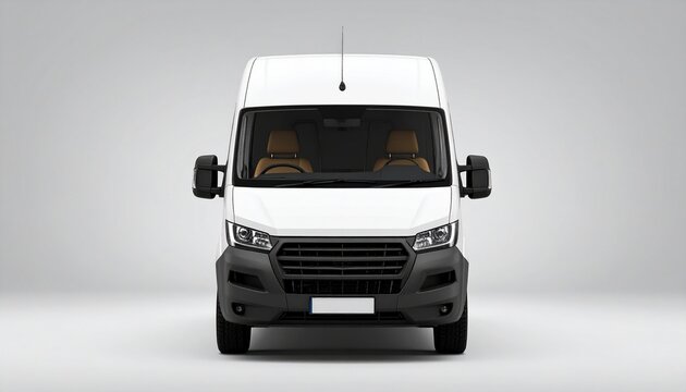 White Delivery Van Front View - Ideal for Transportation Shipping and Commercial Vehicle Mockups in Studio Setting.