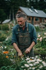 Fototapeta premium Focused Gardener Tending Lush Plants in a Rustic Outdoor Setting generated by AI
