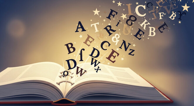 Open book with letters and stars flying out symbolizing learning and imagination in a magical atmosphere