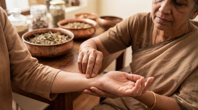 Ayurvedic Practitioner Checking Pulse of Patient Nadi Pariksha