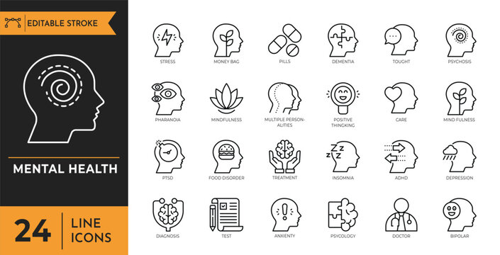 Mental Health outline icon set. Containing depression, anxiety, stress, mental care, empathy, bipolar, PTSD, psychology, and more. Editable stroke. Vector Illustration