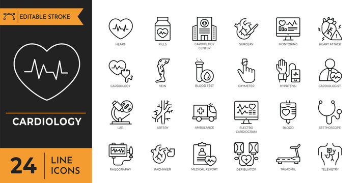 Cardiology outline icon set. Editable stroke. Vector Illustration