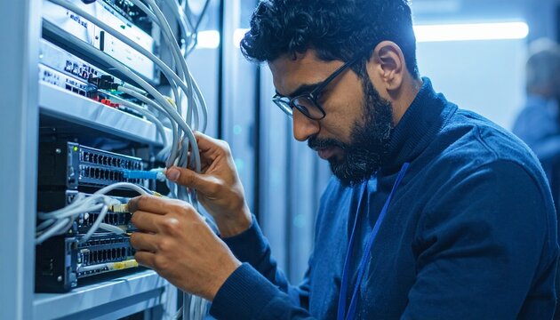 Network Engineer Connecting Cables in Server Room for Data Center Maintenance and Upgrade.