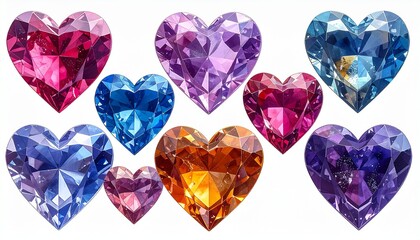 Fototapeta premium Colorful Crystal Hearts on White Background for Valentines Day Love and Romance Design Elements.