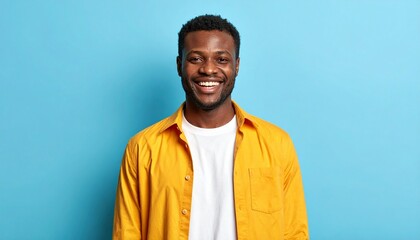 Obraz premium Happy African American Man Smiling in Casual Yellow Shirt Against a Light Blue Background.