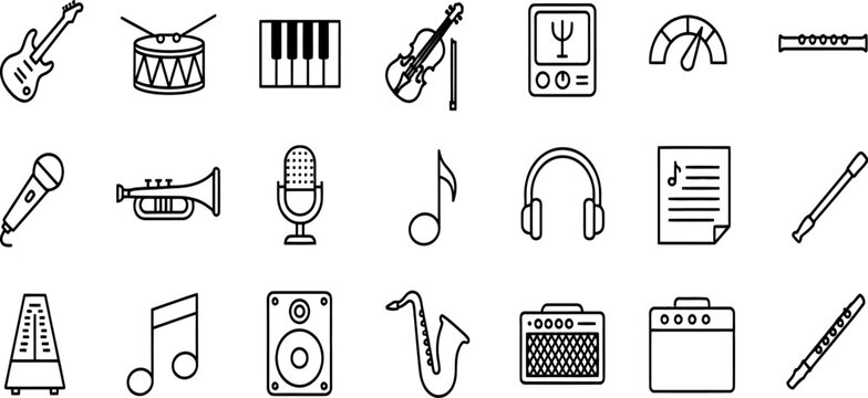 Music instrument audio sound and band equipment vector line icons