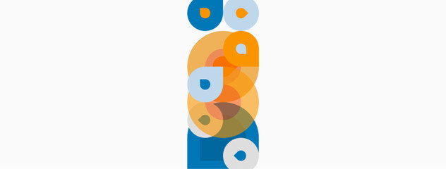 Abstract composition featuring overlapping circles. Colors include orange, blue, yellow, olive. Minimalist design, clean aesthetic.