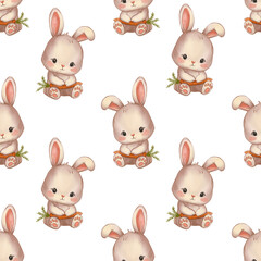 Obraz premium A seamless pattern featuring cute rabbits in a soft pastel watercolor style. A charming design for a child's room, ideal for fabric, wallpaper, wrapping paper, and children's decor.