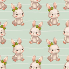 Fototapeta premium A seamless pattern featuring cute rabbits in a soft pastel watercolor style. A charming design for a child's room, ideal for fabric, wallpaper, wrapping paper, and children's decor.