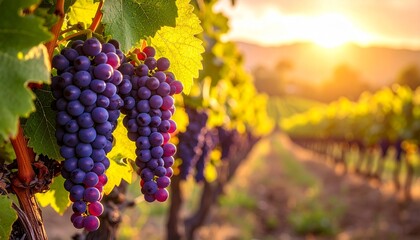Naklejka premium Vineyard at Sunset Beautiful Ripe Grapes on the Vines Agricultural Landscape Scenic Beauty and Wine Production.