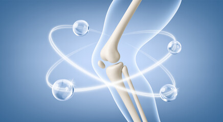 Healthy knee joint of a human leg with vitamins and minerals around it. Vector illustration