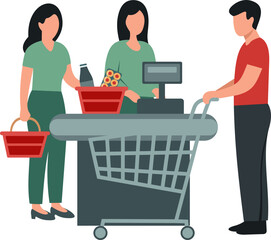 Shoppers Queuing at Supermarket Checkout with Cashier Illustration