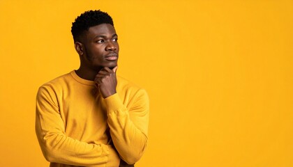 Obraz premium Thoughtful African American Man Contemplating Future on Bright Yellow Background in Studio with Copy Space.