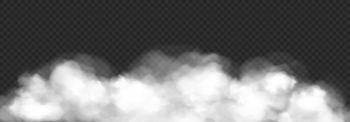 White fog or smoke effect isolated on transparent background. Cloud, mist cloudiness, vapor condensation, stream of gas. Vector realistic illustration.