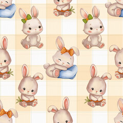 Fototapeta premium A seamless pattern featuring cute rabbits in a soft pastel watercolor style. A charming design for a child's room, ideal for fabric, wallpaper, wrapping paper, and children's decor.