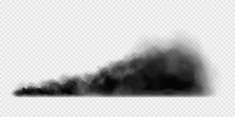 Black smoke clouds isolated on transparent background. Dirty toxic fog or smog. Vector realistic illustration