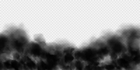 Black smoke clouds isolated on transparent background. Dirty toxic fog or smog. Vector realistic illustration.