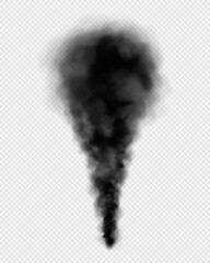 Realistic black smoke isolated on transparent background. Black smoke clouds, dirty toxic fog or smog. Vector illustration