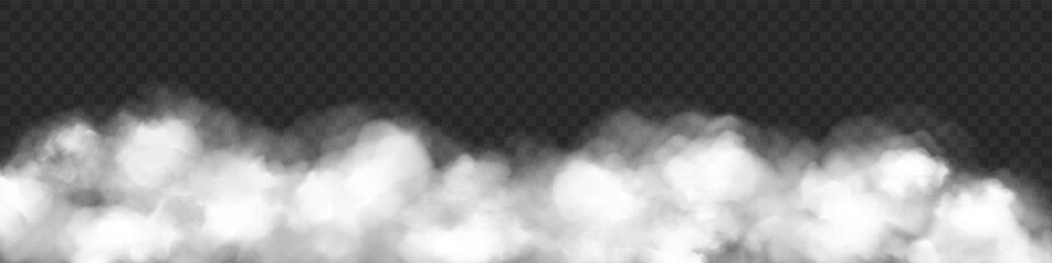 White fog or smoke effect isolated on transparent background. Cloud, mist cloudiness, vapor condensation, stream of gas. Vector realistic illustration.