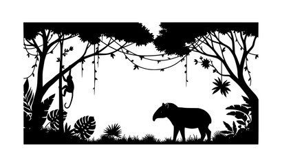 Tropical forest silhouette collage with tapir and monkey hand drawn vector illustration © ema