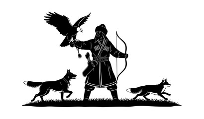 Horizontal monochrome dinosaur wildlife scene hand drawn black silhouette vector illustration © ema