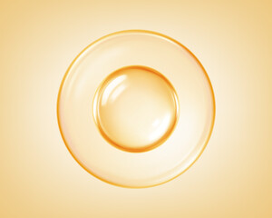 Golden cosmetic oil bubble isolated on yellow background. Vitamin serum skincare concept. Vector illustration