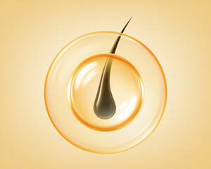 Black hair strand protected inside a golden oil droplet. Vitamin oil hair serum. Realistic vector illustration