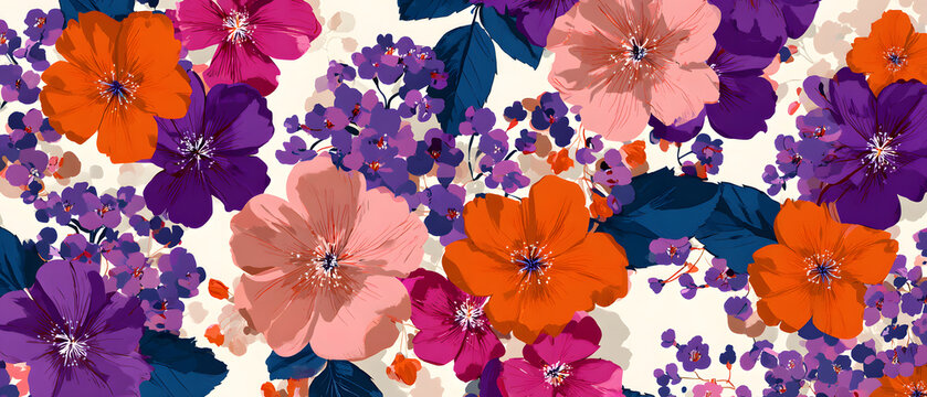 Vibrant floral pattern with large blossoms in pink, orange, and purple.
