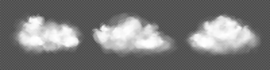 White clouds, fog or smoke isolated on transparent background. Concept of weather, meteorology. Vector realistic illustration