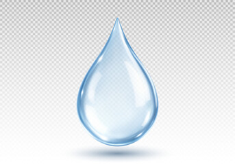Realistic transparent water drop. Blue cosmetic serum drop. Vector illustration